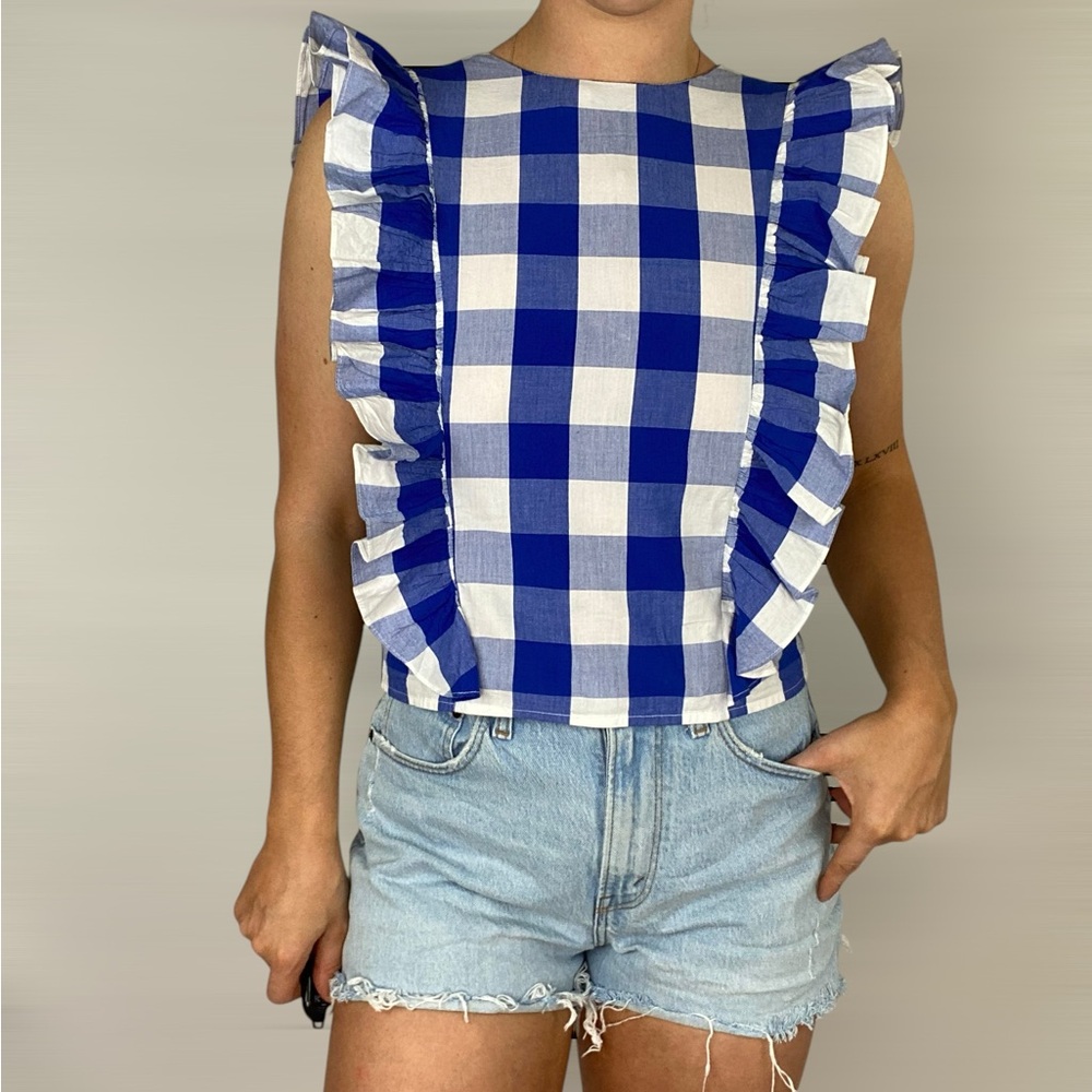 WHIT TWO Anthropologie‎ Cascade Blue Ruffle Blouse High Neck Gingham Sleevless